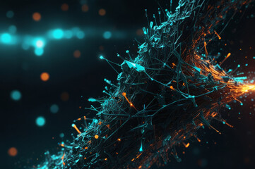 Wall Mural - abstract illustration of blue and orange glowing particles forming complex structures in dark space