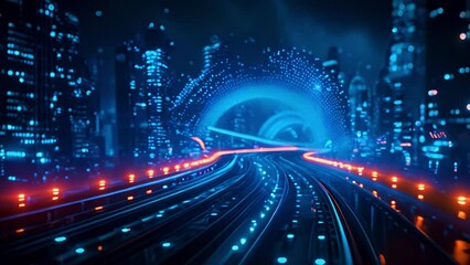 Fototapete - A vibrant nocturnal scene with light trails creating an abstract tunnel amid city buildings.