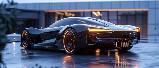 Poster - This is a mockup of a professional CAD computer program with editing of a project of a sports car. Model of a futuristic electric car with different rim design options. 3D rendering.
