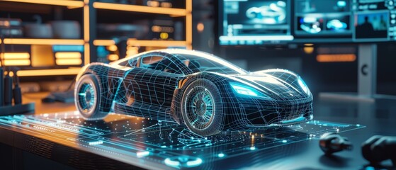 Poster - Mockup of Professional CAD Computer Software With Edit of Modern Sports Car Project. Model of Futuristic Super Car Electric Vehicle. Green Energy Powered Technology. 3D Rendering.