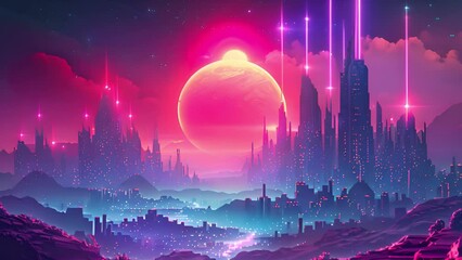 Poster - A radiant sunset illuminates the skyline of an advanced metropolis.