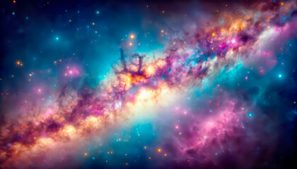 Poster - A vibrant cosmic galaxy illustration with twinkling stars and colorful nebulae on a dark space background, concept of the universe. Generative AI