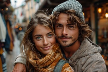 Engaging and romantic young couple embracing on an autumn street with warm attire