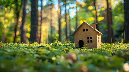 Poster - Cardboard house model in a forest, vibrant natural setting, ecological housing concept. Generative AI