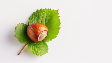 hazelnut with leaves, top view, isolated on white background, copy space