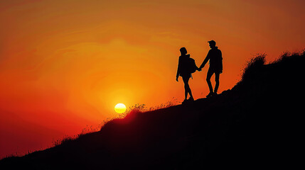 Poster - Silhouette of a couple holding hands on a hill during sunset, with a vibrant orange sky in the background, concept of romance. Generative AI