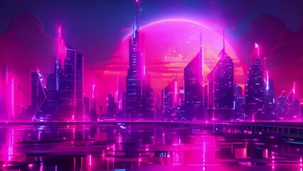 Aufkleber - A modern city at night with neon lights illuminating skyscrapers, reflected in the water below, creating a futuristic scene.