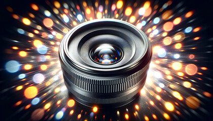 Poster - A camera lens with colorful bokeh lights, close-up on a dark background, concept of photography. Generative AI