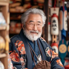 Elderly Japanese man in a traditional kimono smiling warmly
