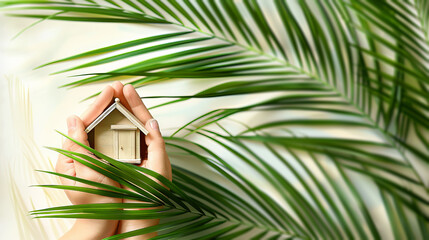 Aufkleber - Hands holding a miniature house among green palm leaves, with a creamy light background, symbolizing eco-friendly living. Generative AI