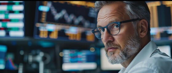 Poster - An old man working on the floor of a modern stock exchange firm monitoring listed companies and funds, unit trusts, derivatives, pooled investment products, and bonds