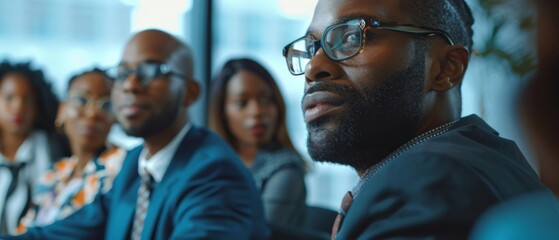Poster - A diverse team of businesspeople discuss investment strategy in a modern multi-ethnic office conference room. An African American businessman pitches the strategy to partners.