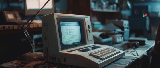 Poster - this is a close up shot of a vintage desktop computer on the desk of a software developer in a retro