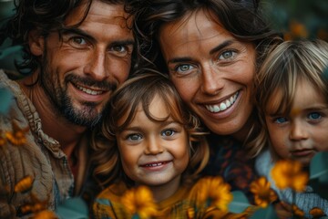 Happy family with two children posing amongst sunflowers, the parents lovingly looking at their kids