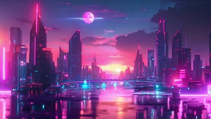 Aufkleber - A modern cityscape featuring tall buildings under a pink and blue sky, showcasing a futuristic urban environment.