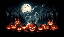 A Night With Many Ominously Glowing Jack-o-lanterns, With Figures Of Devils, Ghosts, Bats Against The Backdrop Of The Full Moon And A Foggy Landscape With An Eerie Halloween Atmosphere.