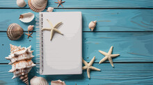 Blank Notebook With Seashells And Starfish On Blue