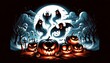 © Tatiana - A night with many ominously glowing jack-o-lanterns, with figures of devils, ghosts, bats against the backdrop of the full moon and a foggy landscape with an eerie Halloween atmosphere.