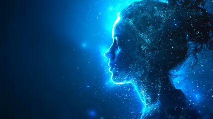 Wall Mural - A digital profile of a woman composed of glowing particles on a deep blue background, illustrating the concept of digital identity. Generative AI
