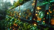 A close-up of a futuristic computer server with a green glowing circuit board and a green plant growing on it. The server is in a forest setting.