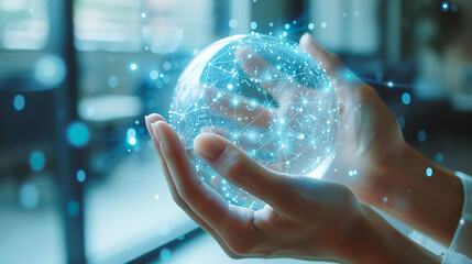 Poster - Hands holding a glowing digital globe, against a blurry technological background, representing a concept of global connectivity, Generative AI. Generative AI