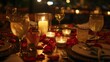 A candlelit dinner table adorned with nonalcoholic beverages and rose petals.