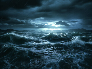 Poster - A stormy ocean scene with dramatic dark clouds and sunlight piercing through, set against a mountainous background, symbolizing a powerful natural concept. Generative AI