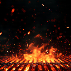 Aufkleber - Close-up of a flaming grill, sparks flying, dark background, conveying the concept of heat and cooking. Generative AI
