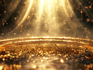 Poster - Shimmering golden particles with sparkling light rays on a warm glowing background, concept of celebration, Generative AI. Generative AI