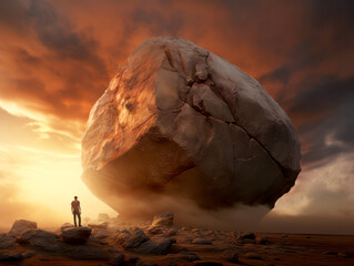 Poster - A person standing under a massive floating rock against a dramatic sunset sky, showcasing a concept of wonder. Generative AI