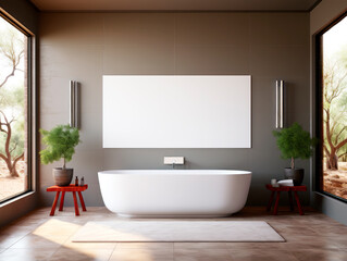 Poster - Modern bathroom interior with a freestanding bathtub, blank canvas, serene natural background, concept of tranquility. Generative AI