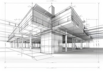 Leinwandbilder - Industrial building wireframe rendering with architectural and construction details