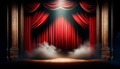 Poster - An empty theater stage with red curtains, spotlight, and a wooden floor, evoking a sense of anticipation. Generative AI
