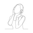 Continuous single one line sketch drawing of young woman happy listening music melody on headphones earphone object technology entertainment vector illustration