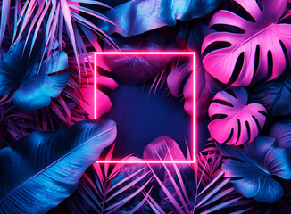 Poster - Neon pink square frame surrounded by tropical leaves on a dark background, concept for modern design presentation. Generative AI
