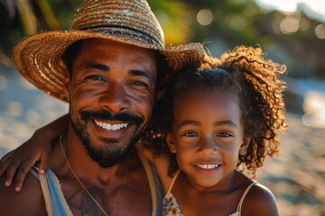 A happy father with a straw hat smiles with his young daughter in a sunny beach setting