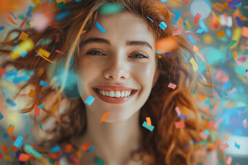 Wall Mural - Joyful redhead woman surrounded by colorful confetti. Captures happiness and celebration, ideal for festive and marketing contexts