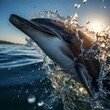 Stunning close-up of a dolphin breaking through the ocean surface, water droplets sparkling in the sunset light.