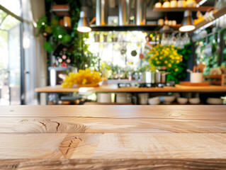 Poster - A close-up of a wooden table with a blurred background of a cafe setting, Generative AI