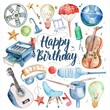 A watercolor painting of a birthday card with a variety of objects including musical instruments, toys, and other items.
