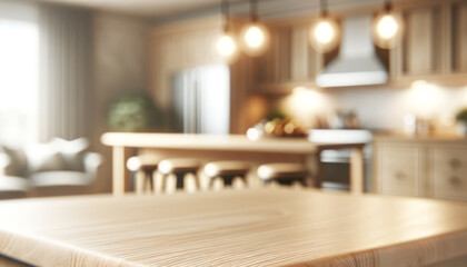 Poster - A blurred interior of a modern kitchen, showcasing warm lighting and wood furnishings, ideal for a mockup. Generative AI