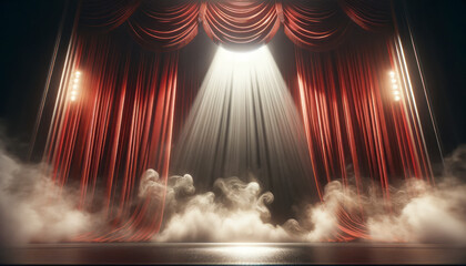 Poster - A theater stage with red curtains, spotlight from above, and misty fog on stage floor on a dark backdrop, concept of drama. Generative AI