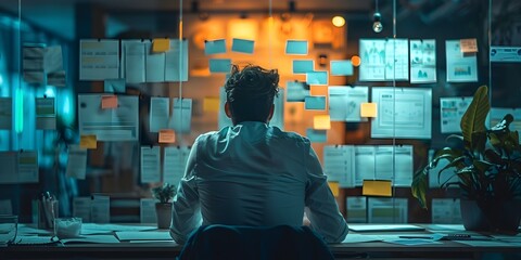 Poster - nighttime business strategy session in modern corporate office
