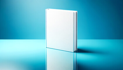 Poster - Blank book standing upright on a reflective surface, photorealistic style, on a blue gradient background, concept of branding presentation. Generative AI