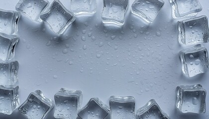 Crystal Clear Ice Cubes Arranged on Wet Surface, perfectly clear ice cubes neatly arranged on a wet surface, highlighting the purity and chill of ice.