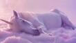 Mythical unicorn lying down, surrounded by faint glimmers of light, on a clean, uncluttered lavender background