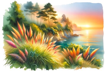 Wall Mural - Watercolor painting of Ornamental Grasses on a cliff