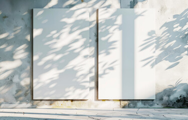 Poster - Two empty posters against a textured concrete wall with shadows of leaves, modern display, light background, mockup concept. Generative AI