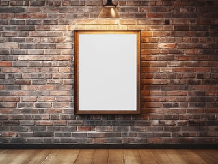 Poster - Empty picture frame on a brick wall background, light from above, mockup for design display. Generative AI