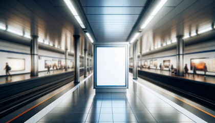 Poster - A billboard mock up in a subway station with blurred people in the background, providing space for advertising or branding. Generative AI